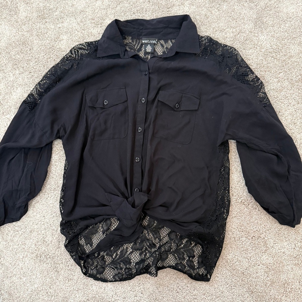 VTG Wet Seal Black Lace Collared Button Front Tie Waist Shirt‎ Womens Size M - Picture 5 of 10